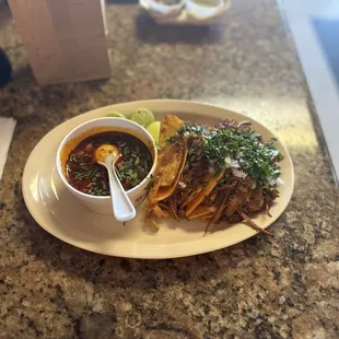 Birria tacos (add cheese) with consume. FIRE!