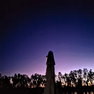 a woman standing in a field at night