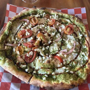 Garlic, tomato, and balsamic vinaigrette pizza.