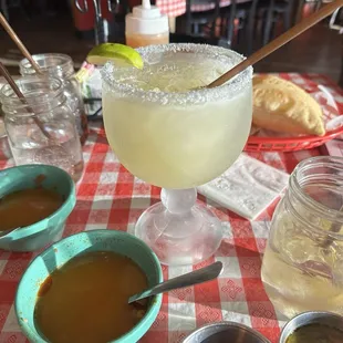 Margarita, sample of Green Chile Stew, and sopapillas!