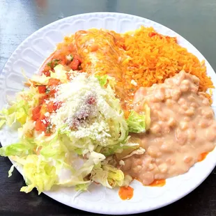 Tuesday Special: Chicken Sope, Chicken Enchilada, Rice and Beans, Lettuce, Salsa, Cotija Cheese, Sour Cream