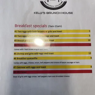 Breakfast specials menu