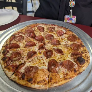Pepperoni pizza. They make them thin, but overall good in flavor