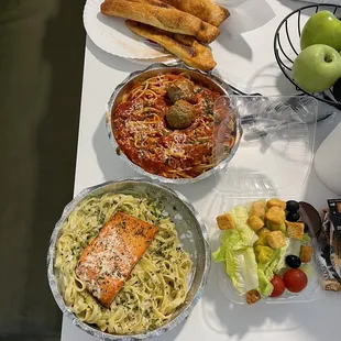Grilled Salmon Fettuccine Alfredo Coupon Spaghetti Dinner Meatballs Tossed Salad Garlic Bread Stix