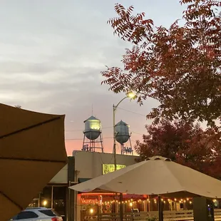 View from across the street - Valentino's parklet with the water towers in the background