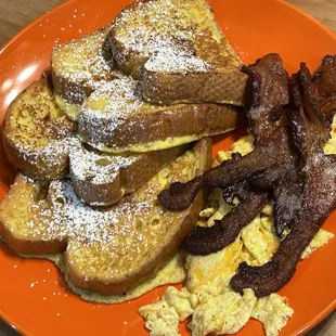 French toast, crispy, bacon, cheesy potatoes.