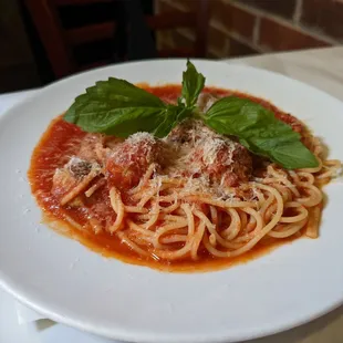 Spaghetti and meatballs with San marzano tomato sauce, Parmigianino reggiano
