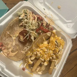 Cali taco and fried shrimp taco. Presentation isn't the best