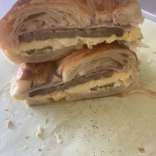 egg,ham,sausage, and cheese on a croissant is very delicious and delightful. Add jalapeño and a side of ranch, OMG!!!