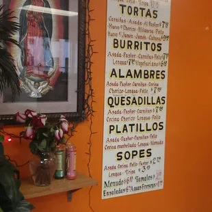 the menu on the wall