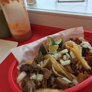 Lengua, carnitas, &amp; chorizo tacos.