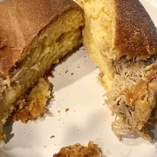 cross section of the chicken pandesal- missing a lot of the chicken and I haven't bit it yet