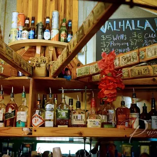 a variety of liquors on shelves