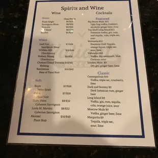 Wine and spirits menu