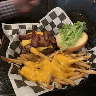All American bacon cheeseburger and fries w cheese