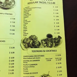 Menu as of January 2019.