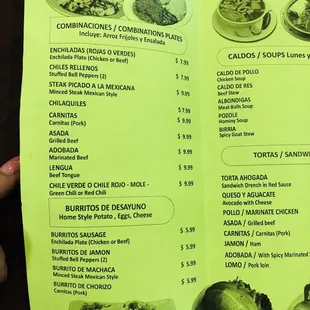 Menu as of January 2019.