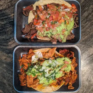 Carne asada taco on top, adobada taco on bottom
