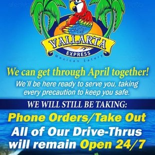 We are still Open 24/7
and Also taking phone orders and take out