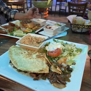 breaded shrimp, steak quesadilla, cucumber margaritas
