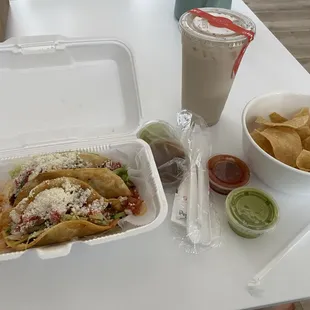 TACO DORADO/CRISPY TACO heavily loaded, horchata, and complimentary chips &amp; 2 salsas