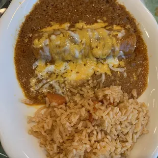 Enchilada, rice and beans