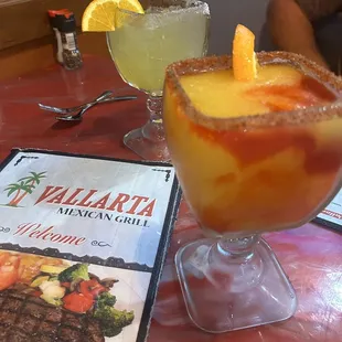 Mango chamoy margarita &amp; House margarita on the rocks