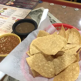 Complimentary chips and salsa and bean dip. Yum!