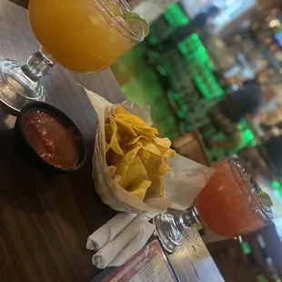 Chips and Salsa along with a Strawberry and peach 32oz. Margaritas.