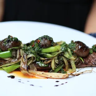 Skirt Steak with Balsamic Roasted Cipollini Onion and Charred Scallions