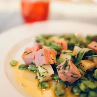 Fava with Pecorino, Mortadella and Pistachio