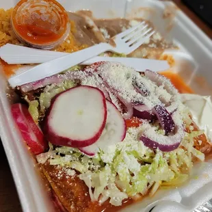 Chicken enchilalas: 5/5 better than most mexican restaurants I've been to and the rice and beans had great flavor as well