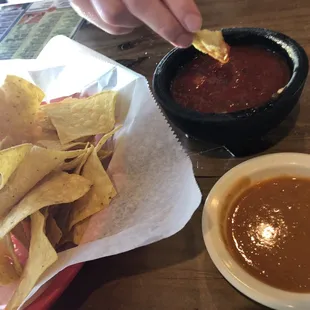 Complimentary chips, salsa and bean dip