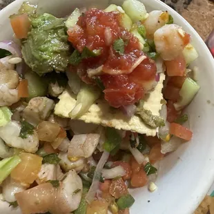 Fantastic shrimp ceviche with a cracker &amp; salsa!!