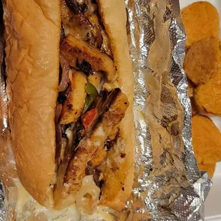 Chicken Philly and fried pickles. Yum!