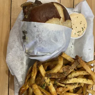 a basket of fries and a sandwich