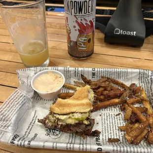 OG burger w/ fries and a Gunpowder IPA