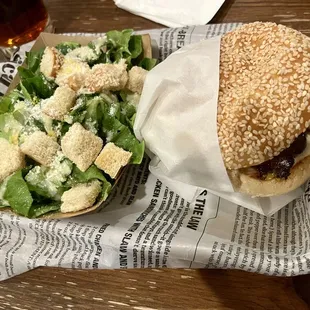 Classic burger with side Caesar salad
