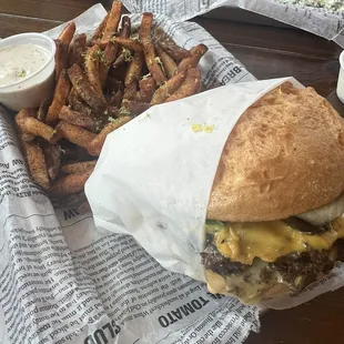 Gluten free vegetarian Philly burger, Cajun fries