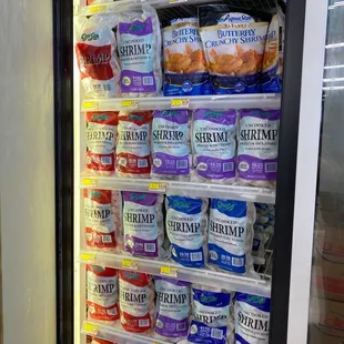 Variety of bagged shrimp.