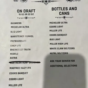Beer menu as of 5/15/2024