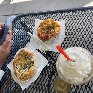 Blended chai, chicken and cheddar pastry, mushroom and cheddar pastry