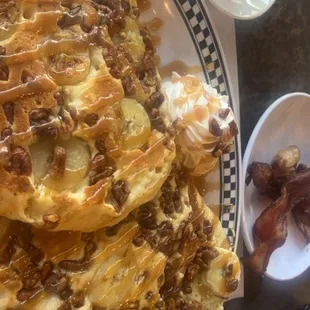 Banana, pecan , caramel pancakes