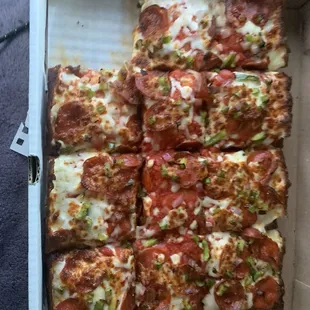 Pepperoni, onion, green pepper- Detroit style