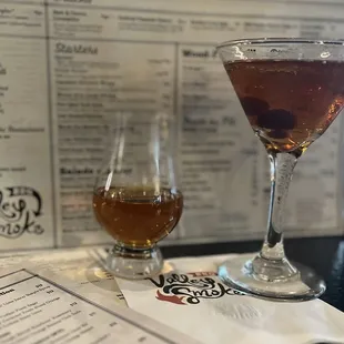 Double AE Rye neat and Black Manhattan