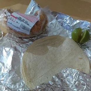 One piece of chicharron, some tortillas 50 cents for two tortillas.