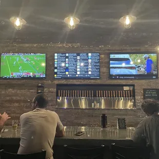 people sitting at the bar watching tvs