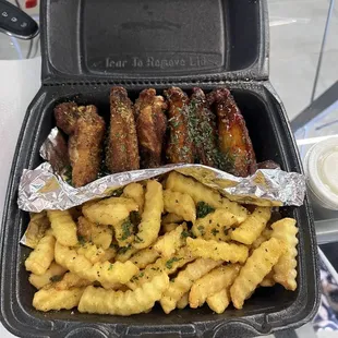 Lemon pepper wings, sweet chili wings, lemon pepper fries