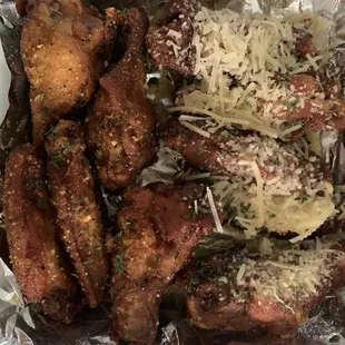 1/2 lemon pepper &amp; 1/2 garlic Parmesan. The wings are prepared well but I was a little disappointed that the garlic parm was a dry rub.
