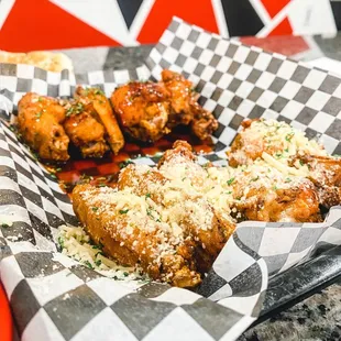 Valley Hot wings (their best selling flavor and our favorite!!!) + Garlic Parm wings (also delicious)